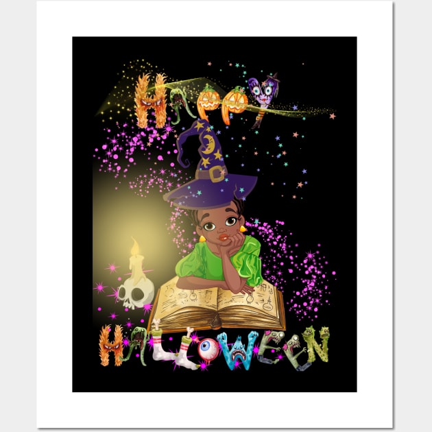 Young witch reading spellbook before halloween start Wall Art by MagicTrick